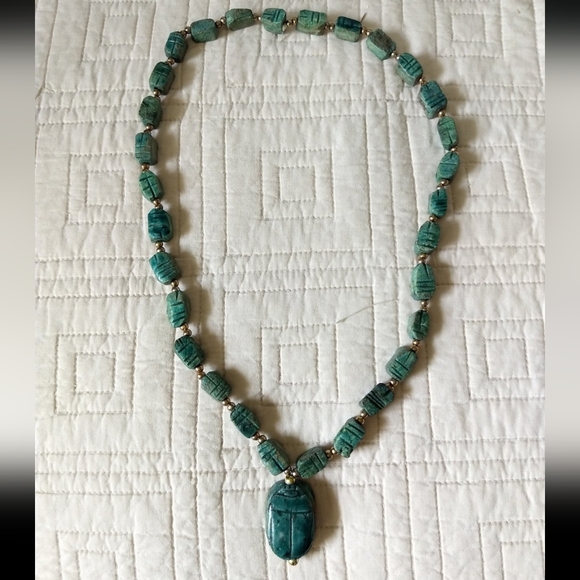 Vintage 1970s Hand Carved Ceramic Bohemian Egyptian Revival Scarab Necklace - Picture 9 of 9